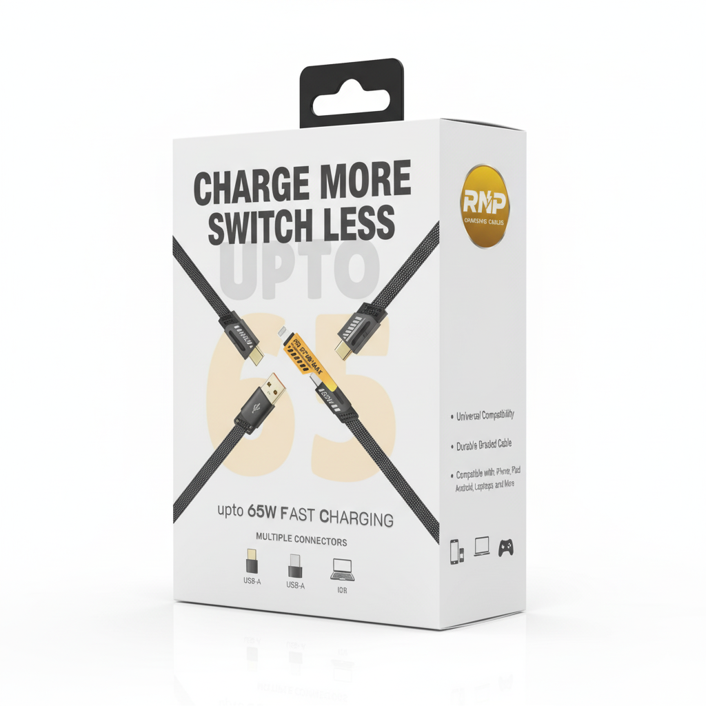 RNP 4 in 1 Braided Fast Charging Cable 65W |  1.2m Rugged Design Multiport | Type C to Lightning | Type C to USB A | Compatible for iPhones, iPads, Tablets, MacBooks and Android Devices -Black