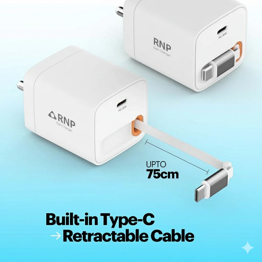 RNP 30W GaN Wall Charger with USB-C Port & Built-in Retractable Type-C Cable