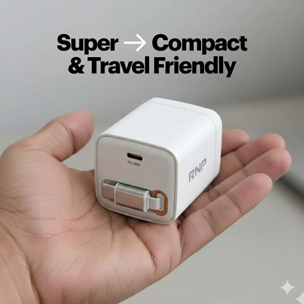 RNP 30W GaN Wall Charger with USB-C Port & Built-in Retractable Type-C Cable
