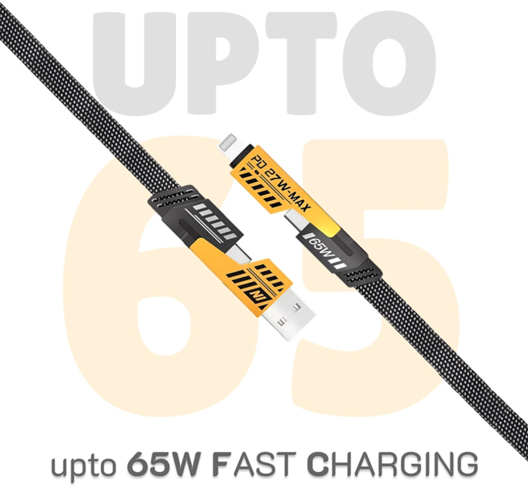 RNP 4 in 1 Braided Fast Charging Cable 65W |  1.2m Rugged Design Multiport | Type C to Lightning | Type C to USB A | Compatible for iPhones, iPads, Tablets, MacBooks and Android Devices -Black