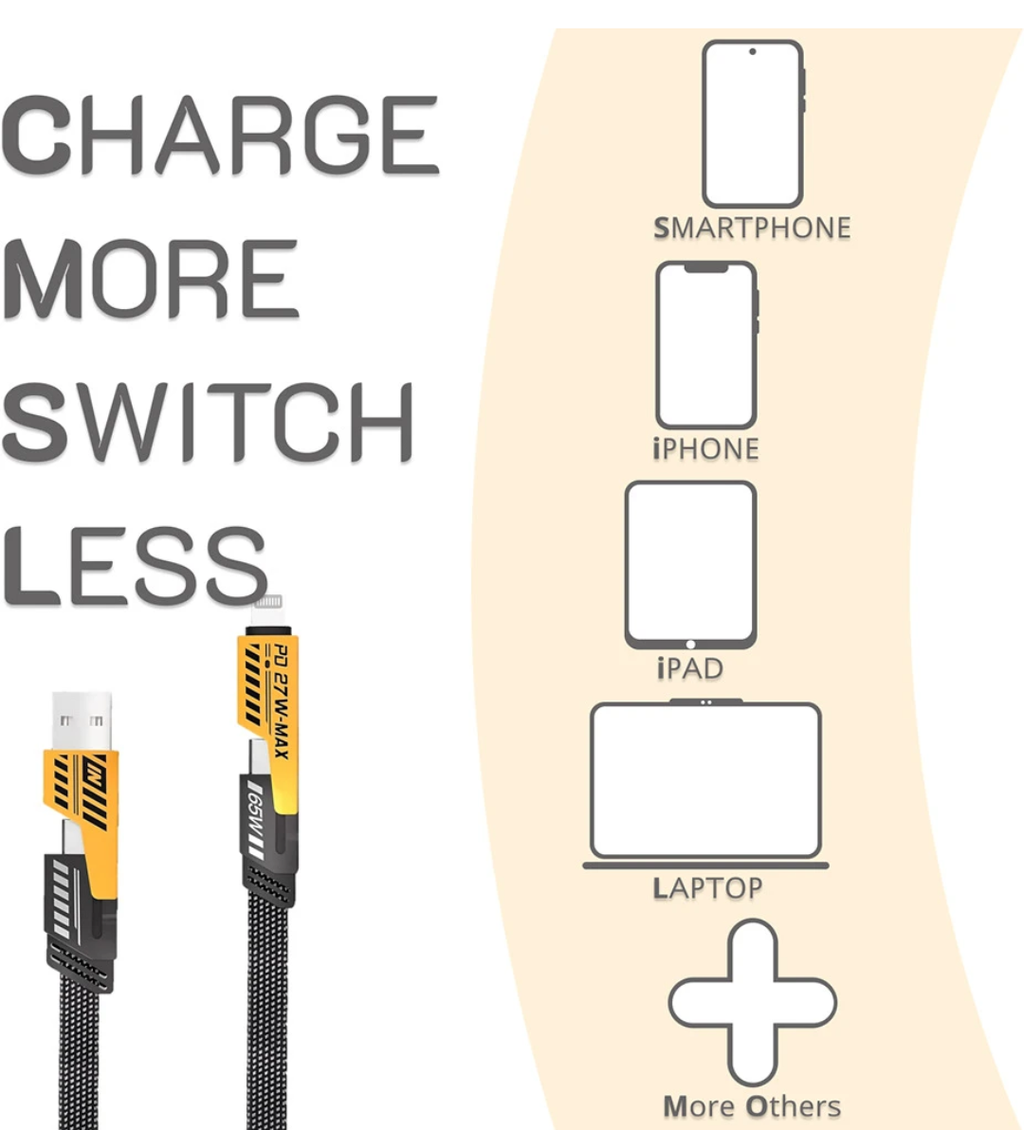 RNP 4 in 1 Braided Fast Charging Cable 65W |  1.2m Rugged Design Multiport | Type C to Lightning | Type C to USB A | Compatible for iPhones, iPads, Tablets, MacBooks and Android Devices -Black